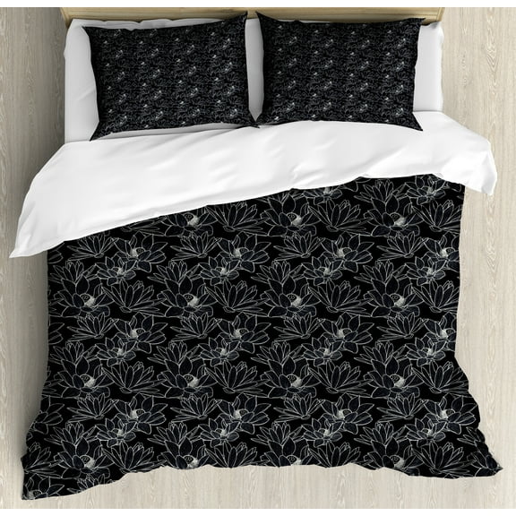 Floral Duvet Cover Set, Thin Outline Sketch of Lotus Flower Hand Drawn Flora Illustration, Decorative 3 Piece Bedding Set with 2 Pillow Shams, Calking Size, Charcoal Grey Coconut, by Ambesonne