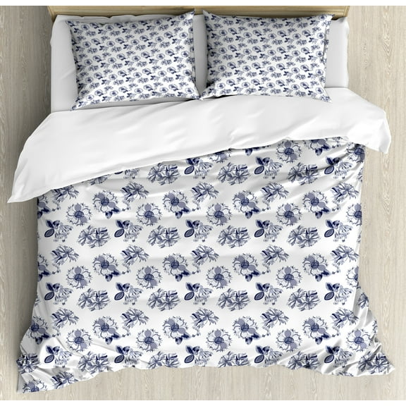 Floral Duvet Cover Set, Top View of High Detailed Flower Silhouettes, Decorative 3 Piece Bedding Set with 2 Pillow Shams, King Size, White Ceil Blue Indigo, by Ambesonne