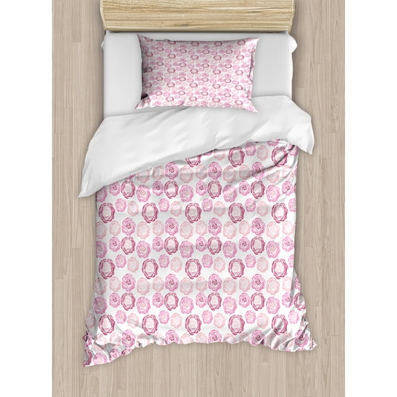 Floral Duvet Cover Set, Top View Illustration of Romantic Blooming Roses Composition, Decorative 2 Piece Bedding Set with 1 Pillow Shams, Twin Size, Pink Mauve Taupe, by Ambesonne