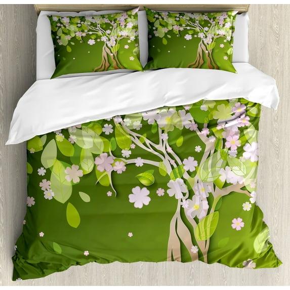 Floral Duvet Cover Set, Tree with Blossoming Flourishing Petals Florets Spring Season Themed Print, Decorative 3 Piece Bedding Set with 2 Pillow Shams, Queen Size, Fern Green Pale Pink, by Ambesonne