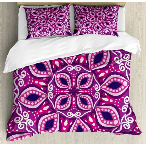 Floral Duvet Cover Set, Trippy Flower Motif with Modern Lace Effects and Dots Victorian Swirls Print, Decorative 3 Piece Bedding Set with 2 Pillow Shams, Queen Size, Magenta Pink Plum, by Ambesonne