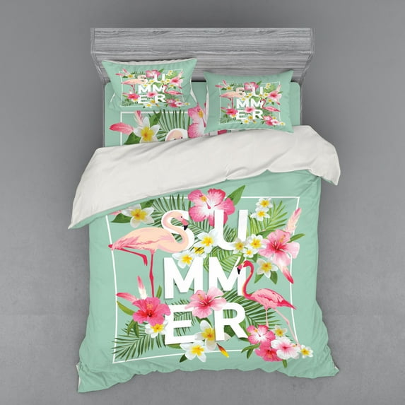 Floral Duvet Cover Set, Tropical Flower with Flamingos Retro Wedding Romance Petals Graphic Artwork, Bedding Set with Shams and Fitted Sheet, 3 Sizes, by Ambesonne