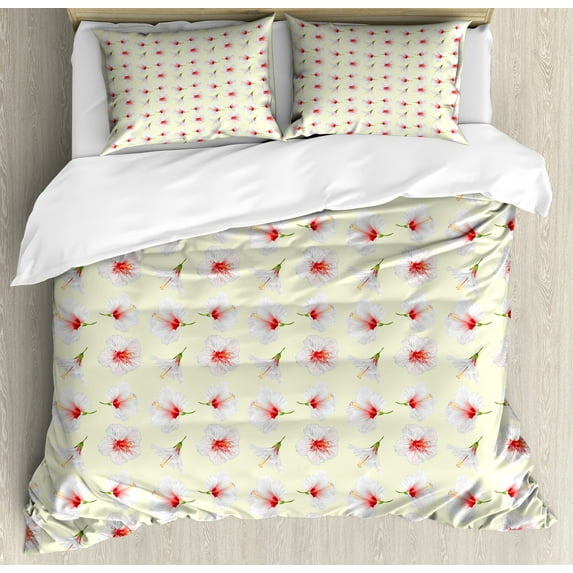 Floral Duvet Cover Set, Tropical Hibiscus Blooms Fragrance Petals of Exotic Lands Pattern, Decorative 3 Piece Bedding Set with 2 Pillow Shams, Queen Size, Green Dark Coral and Cream, by Ambesonne