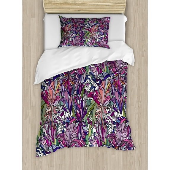 Floral Duvet Cover Set, Tropical Jungle Rainforest Abstraction Narcissus Iris Vintage Style Nature, Decorative 2 Piece Bedding Set with 1 Pillow Shams, Twin Size, Multicolor, by Ambesonne