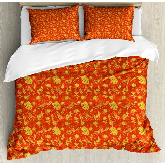 Floral Duvet Cover Set, Tropical Leaves and Blossoms Inner Polka Dot Shapes Pastel Classic Retro, Decorative 3 Piece Bedding Set with 2 Pillow Shams, Queen Size, Scarlet Dark Yellow, by Ambesonne