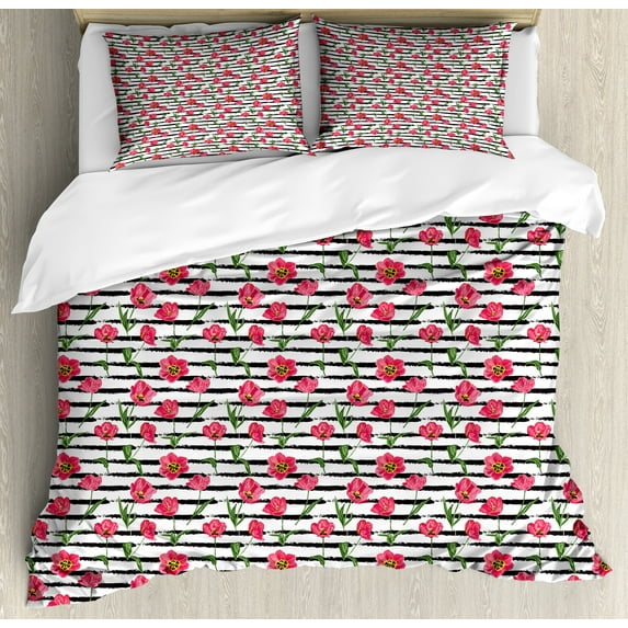 Floral Duvet Cover Set, Tropical Wild Tulip Flowers and Charcoal Grey Striped Background, Decorative 3 Piece Bedding Set with 2 Pillow Shams, Calking Size, Dark Coral and Olive Green, by Ambesonne