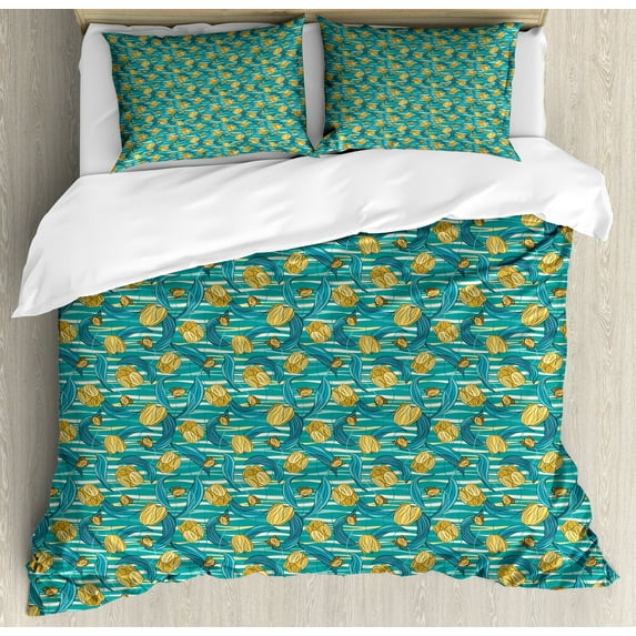 Floral Duvet Cover Set, Tulip Flowers on Wavy Background, Decorative 3 Piece Bedding Set with 2 Pillow Shams, King Size, Teal Earth Yellow, by Ambesonne