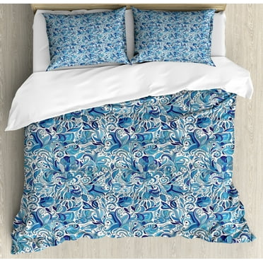Floral Duvet Cover Set, Turkish Ceramic Art Swirled Nature Leaves Middle Eastern Design Print, Decorative 3 Piece Bedding Set with 2 Pillow Shams, Queen Size, Blue Navy and Green, by Ambesonne