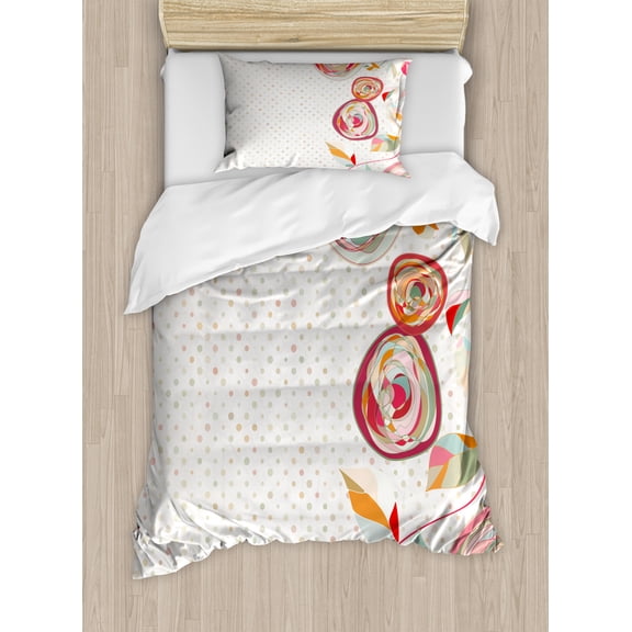 Floral Duvet Cover Set Twin Size, Abstract Flower Petals with Fractal Featured Buds on Polka Dots Backdrop Picture, Decorative 2 Piece Bedding Set with 1 Pillow Sham, Multicolor, by Ambesonne