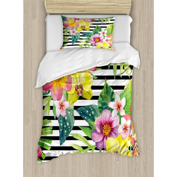 Floral Duvet Cover Set Twin Size, Bouquet with Lily Dahlia Palm Begonia Leaves Orchid Flowers on a Striped Background, Decorative 2 Piece Bedding Set with 1 Pillow Sham, Multicolor, by Ambesonne