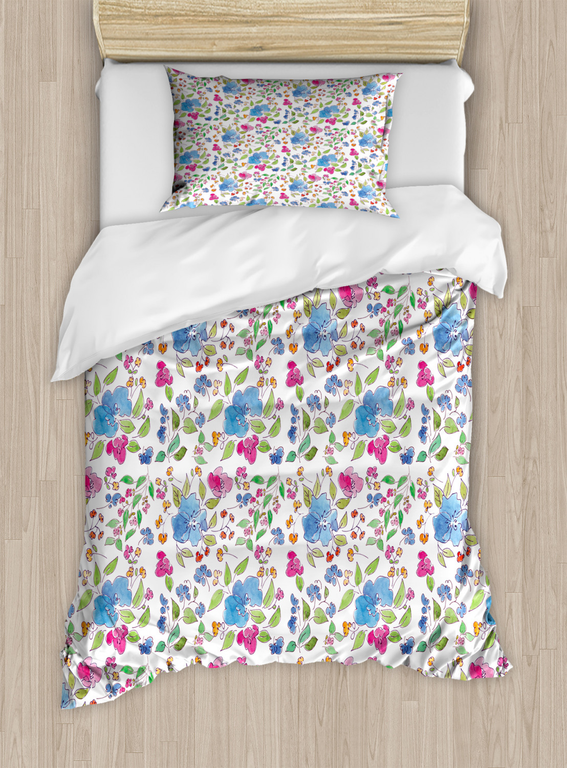 Floral Duvet Cover Set Twin Size, Composition of Hand Drawn Flowers ...