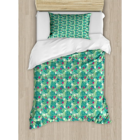 Floral Duvet Cover Set Twin Size, Exotic Demonstration of Various Exotic Flowers Monstera Island Plantation, Decorative 2 Piece Bedding Set with 1 Pillow Sham, Green and Hot Pink, by Ambesonne
