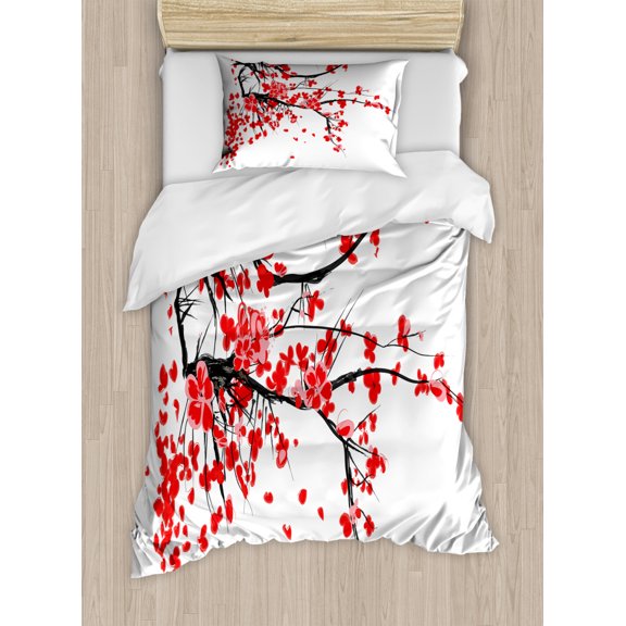 Floral Duvet Cover Set Twin Size, Japanese Cherry Blossom Sakura Blooms Branch Spring Inspirations Print, Decorative 2 Piece Bedding Set with 1 Pillow Sham, Vermilion Brown White, by Ambesonne