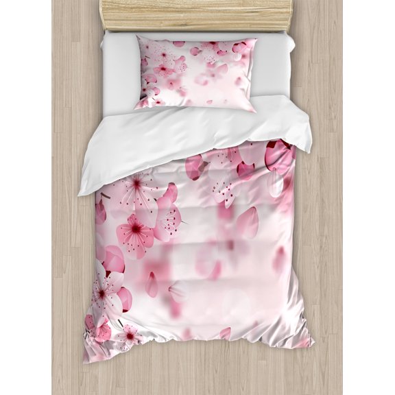 Floral Duvet Cover Set Twin Size, Japanese Sakura Flowers Blossoms Eastern Spring Nature Theme Illustration, Decorative 2 Piece Bedding Set with 1 Pillow Sham, Pale Pink Baby Pink, by Ambesonne