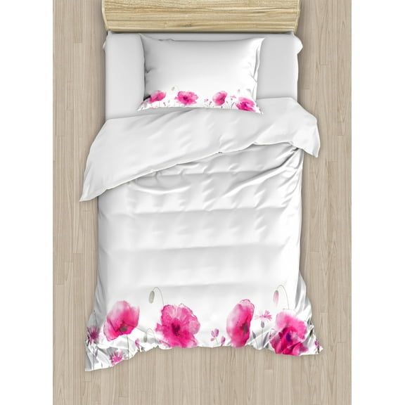 Floral Duvet Cover Set Twin Size, Mass of Flower Glade with Poppy Petals Summer Garden Theme Field Elements Artwork Print, Decorative 2 Piece Bedding Set with 1 Pillow Sham, Pink, by Ambesonne