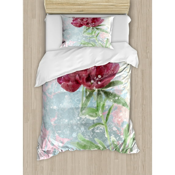 Floral Duvet Cover Set, Peony Flower Murky Blossom Nature Beauty Growth Retro Picture, Decorative 2 Piece Bedding Set with 1 Pillow Shams, Twin Size, Fern Green Pale Blue, by Ambesonne