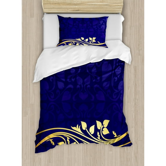 Floral Duvet Cover Set Twin Size, Romantic Royal Leaf Pattern with Yellow Colored Floral Branch with Leaves, Decorative 2 Piece Bedding Set with 1 Pillow Sham, Indigo and Purple, by Ambesonne