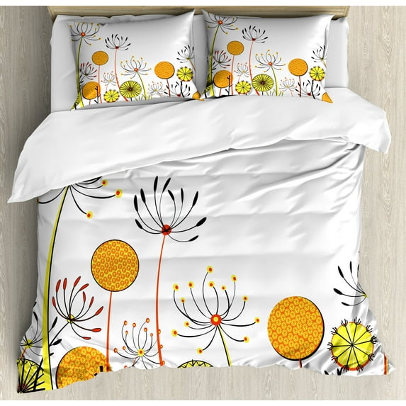 Floral Duvet Cover Set, Umbelifers Flower Garden Summer Spring Season Themed Petals Illustration, Decorative 3 Piece Bedding Set with 2 Pillow Shams, Queen Size, Marigold Yellow, by Ambesonne