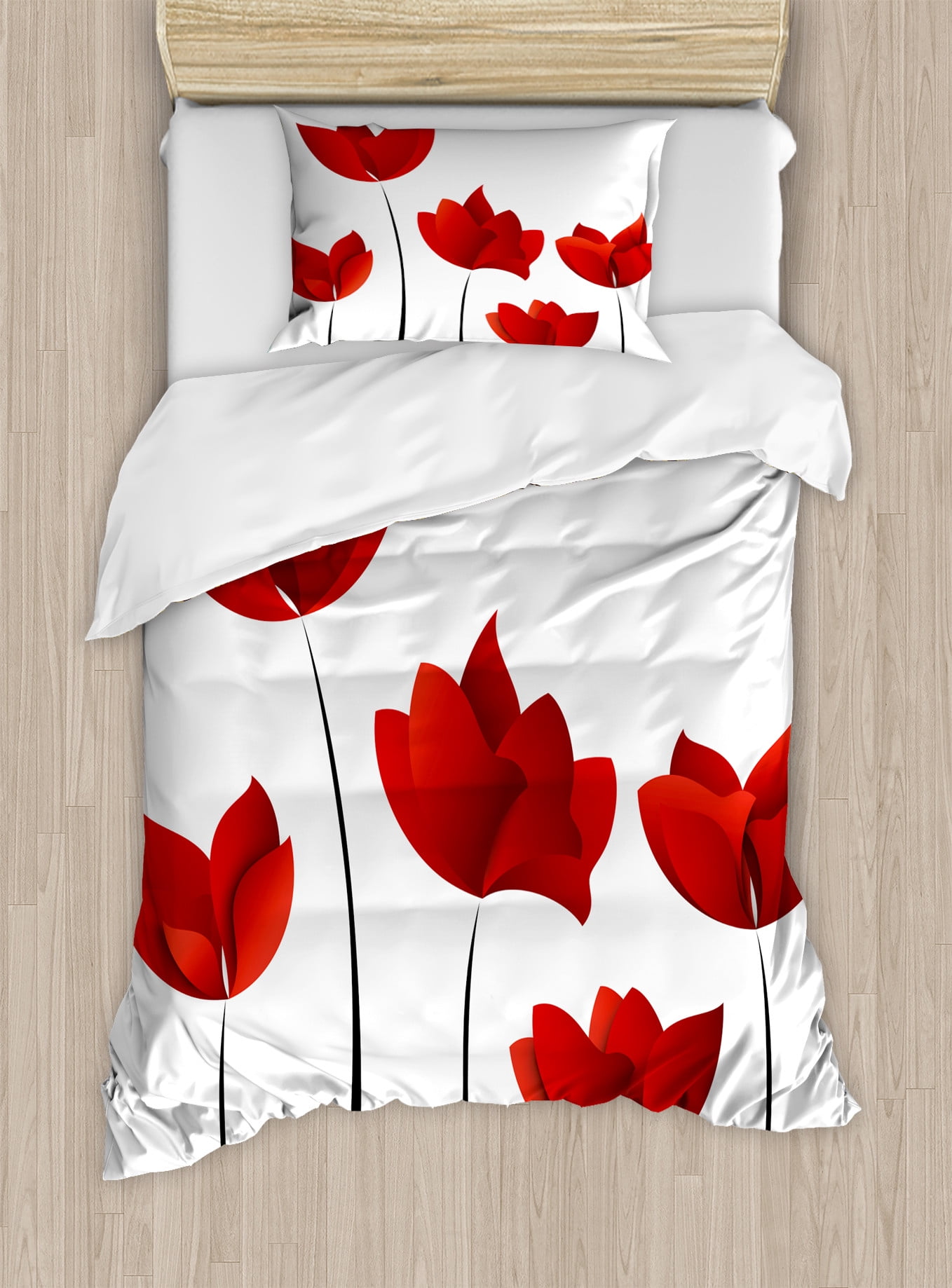 Twin Vermilion and White Floral Microfiber Duvet Cover Set