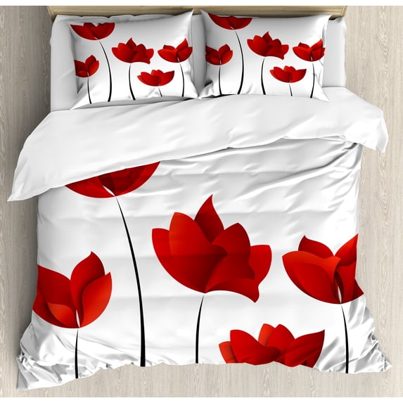 Floral Duvet Cover Set, Valentines Exquisite Rose Petals Blossoms Florets Nature Illustration Image, Decorative 3 Piece Bedding Set with 2 Pillow Shams, King Size, Vermilion and White, by Ambesonne
