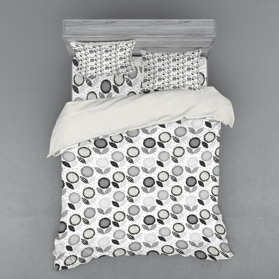 Floral Duvet Cover Set, Vertical Monochrome Borders with Abstract Blossoms Nature Inspired Art, Bedding Set with Shams and Fitted Sheet, 3 Sizes, by Ambesonne