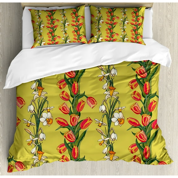 Floral Duvet Cover Set, Vertical Strips of Tulips and Daffodils Leafy Botanical, Decorative 3 Piece Bedding Set with 2 Pillow Shams, King Size, Khaki Multicolor, by Ambesonne
