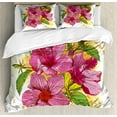 thumbnail image 1 of Floral Duvet Cover Set, Vibrant Hibiscus Flower Bouquet Exotic Watercolor Art, Decorative 3 Piece Bedding Set with 2 Pillow Shams, King Size, Earth Yellow Fuchsia, by Ambesonne, 1 of 3