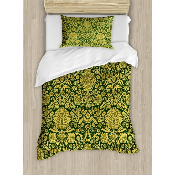 Floral Duvet Cover Set, Victorian Baroque Flower Motifs with Swirl Petals and Branches Print, Decorative 2 Piece Bedding Set with 1 Pillow Shams, Twin Size, Green Earth Yellow, by Ambesonne