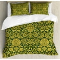 thumbnail image 1 of Floral Duvet Cover Set, Victorian Baroque Flower Motifs with Swirl Petals and Branches Print, Decorative 3 Piece Bedding Set with 2 Pillow Shams, Calking Size, Green Earth Yellow, by Ambesonne, 1 of 3