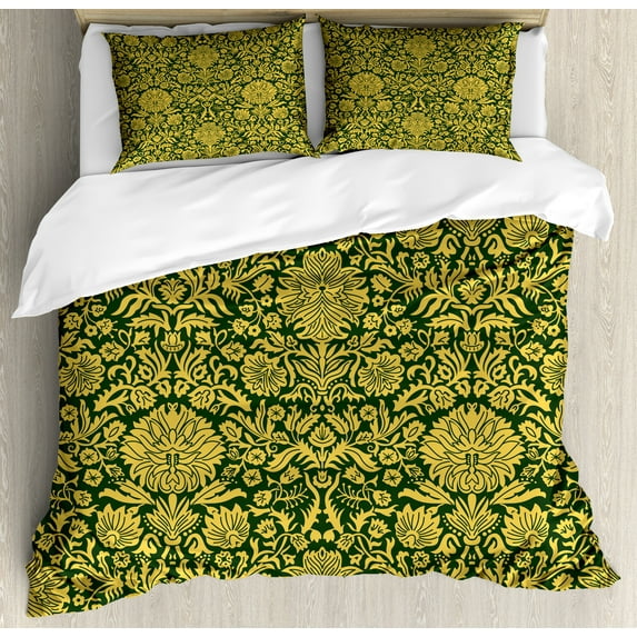 Floral Duvet Cover Set, Victorian Baroque Flower Motifs with Swirl Petals and Branches Print, Decorative 3 Piece Bedding Set with 2 Pillow Shams, Calking Size, Green Earth Yellow, by Ambesonne