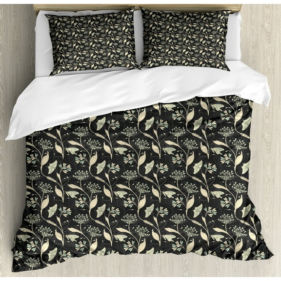 Floral Duvet Cover Set, Victorian Flowers Butterflies and Leaves Spring Freshness, Decorative 3 Piece Bedding Set with 2 Pillow Shams, Calking Size, Dark Grey Champagne, by Ambesonne