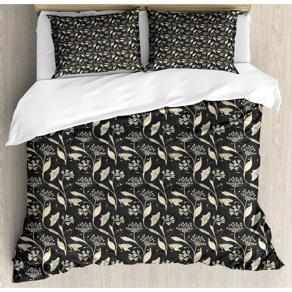 Floral Duvet Cover Set, Victorian Flowers Butterflies and Leaves Spring Freshness, Decorative 3 Piece Bedding Set with 2 Pillow Shams, King Size, Dark Grey Champagne, by Ambesonne