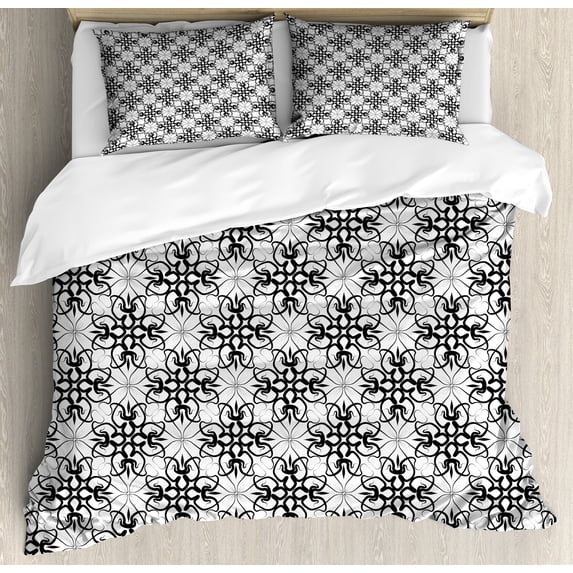 Floral Duvet Cover Set, Victorian Lace Flower Pattern Curved Blooms Lines Vintage Work of Art Print, Decorative 3 Piece Bedding Set with 2 Pillow Shams, Queen Size, Black Pale Grey, by Ambesonne