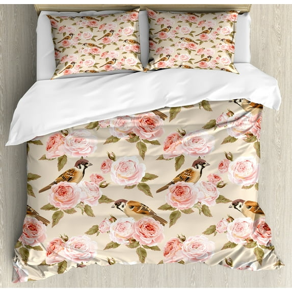 Floral Duvet Cover Set, Victorian Style Image of Rose Flowers with Leaves and Little Sparrow Birds, Decorative 3 Piece Bedding Set with 2 Pillow Shams, King Size, Champagne Multicolor, by Ambesonne