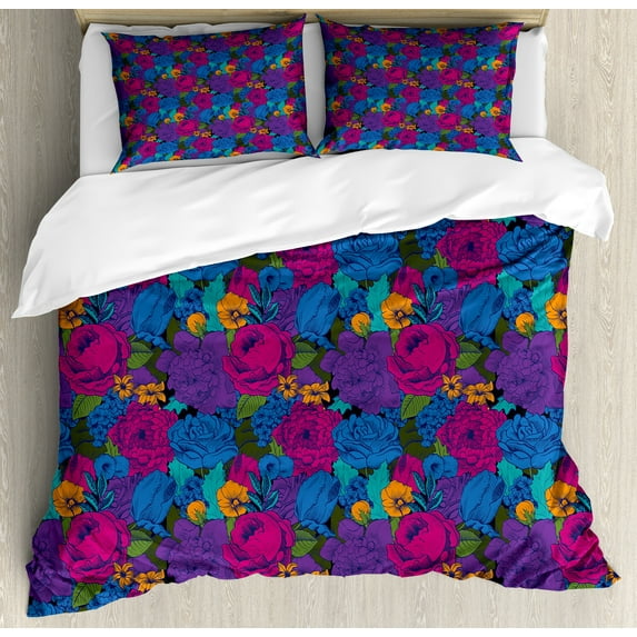 Floral Duvet Cover Set, Vintage Bouquet Vibrant Shabby Form Blooms in Exotic Boho Tones Beauty Image, Decorative 3 Piece Bedding Set with 2 Pillow Shams, Calking Size, Multicolor, by Ambesonne