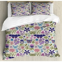 Floral Duvet Cover Set, Vintage Butterfly Meadow Flowers Pansy Flower on Muted Tone Backdrop, Decorative 3 Piece Bedding Set with 2 Pillow Shams, Calking Size, Pale Tan and Multicolor, by Ambesonne