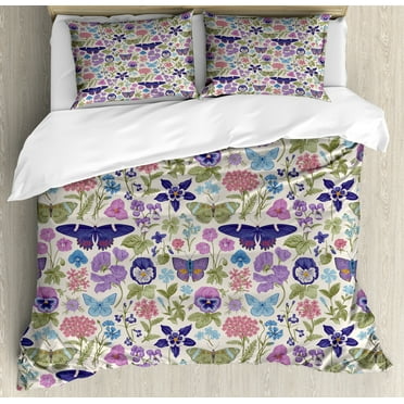 Floral Duvet Cover Set, Vintage Butterfly Meadow Flowers Pansy Flower on Muted Tone Backdrop, Decorative 3 Piece Bedding Set with 2 Pillow Shams, Calking Size, Pale Tan and Multicolor, by Ambesonne
