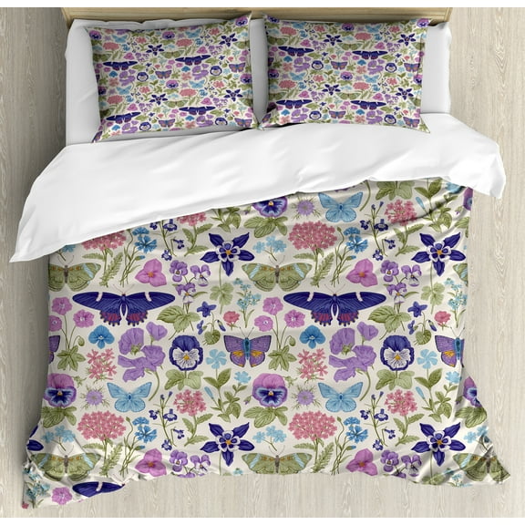 Floral Duvet Cover Set, Vintage Butterfly Meadow Flowers Pansy Flower on Muted Tone Backdrop, Decorative 3 Piece Bedding Set with 2 Pillow Shams, Calking Size, Pale Tan and Multicolor, by Ambesonne
