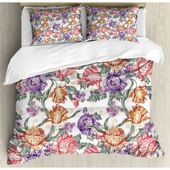 Floral Duvet Cover Set, Vintage Colorful Flowers and Curls on White Background Romantic Spring Pattern Print, Decorative 3 Piece Bedding Set with 2 Pillow Shams, King Size, Multicolor, by Ambesonne