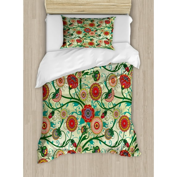 Floral Duvet Cover Set, Vintage Colorful Ornamental Flowers and Leaves Fresh Spring Nature Art Illustration, Decorative 2 Piece Bedding Set with 1 Pillow Shams, Twin Size, Multicolor, by Ambesonne