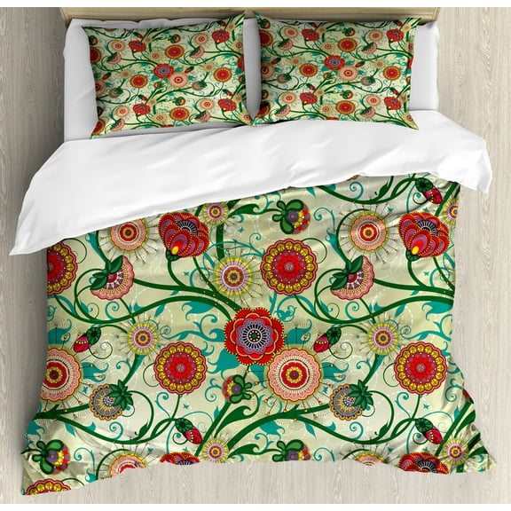 Floral Duvet Cover Set, Vintage Colorful Ornamental Flowers and Leaves Fresh Spring Nature Art Illustration, Decorative 3 Piece Bedding Set with 2 Pillow Shams, Calking Size, Multicolor, by Ambesonne