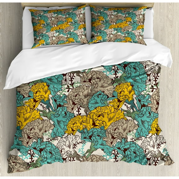 Floral Duvet Cover Set, Vintage Hand Drawn Flowers with Flourishing Carnations Environment, Decorative 3 Piece Bedding Set with 2 Pillow Shams, Calking Size, Earth Yellow Turquoise, by Ambesonne