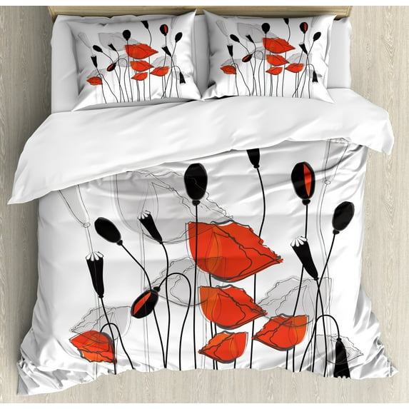 Floral Duvet Cover Set, Vintage Image of Abstract Poppy Flowers with Buds, Decorative 3 Piece Bedding Set with 2 Pillow Shams, King Size, Vermilion Black, by Ambesonne
