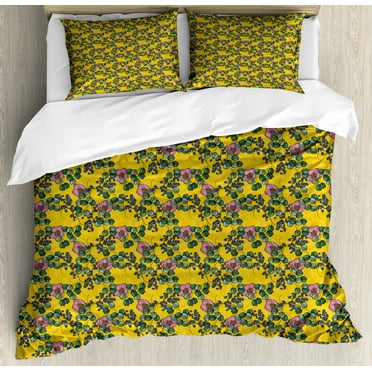 Floral Duvet Cover Set, Vintage Inspired Illustration of Meadow Flowers and Herbs Pattern, Decorative 3 Piece Bedding Set with 2 Pillow Shams, Calking Size, Earth Yellow Pink and Green, by Ambesonne