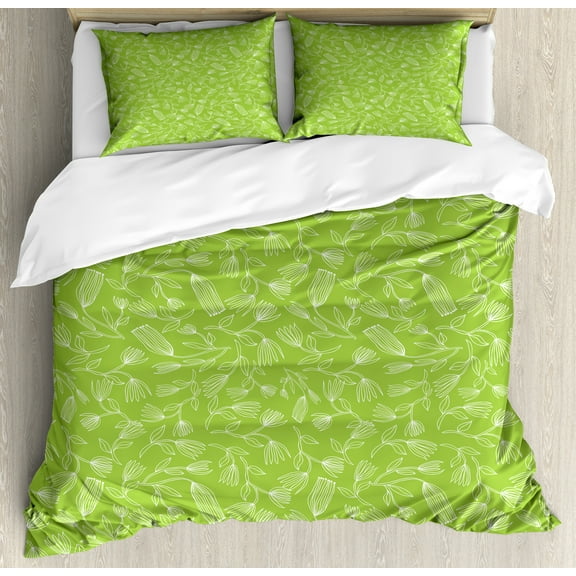 Floral Duvet Cover Set, Vintage Inspired Simplistic Outline Flowers Nature Botany Art Repetition, Decorative 3 Piece Bedding Set with 2 Pillow Shams, King Size, Lime Green and White, by Ambesonne