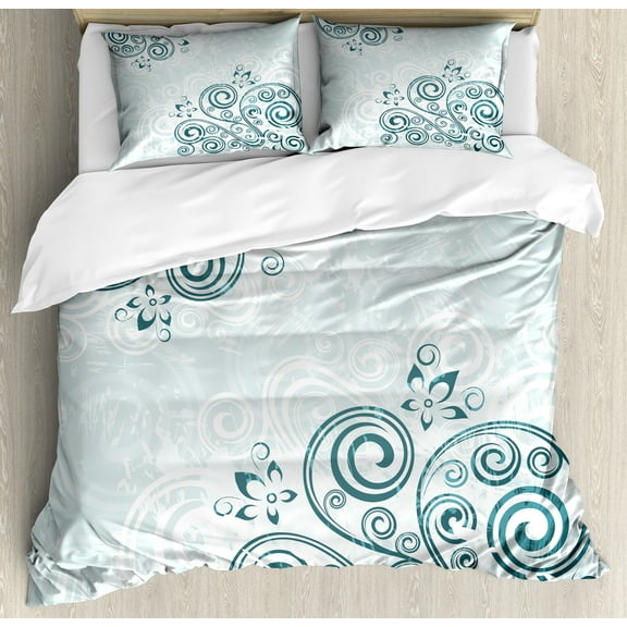 Ambesonne Floral Duvet Cover Set, Shabby Plant Petals Swirl, Calking, Jade Green Pale Blue