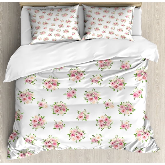 Floral Duvet Cover Set, Vintage Layout of Wedding Ornament Bouquets Romantic Rose Arrangements, Decorative 3 Piece Bedding Set with 2 Pillow Shams, Calking Size, Green and Pastel Pink, by Ambesonne