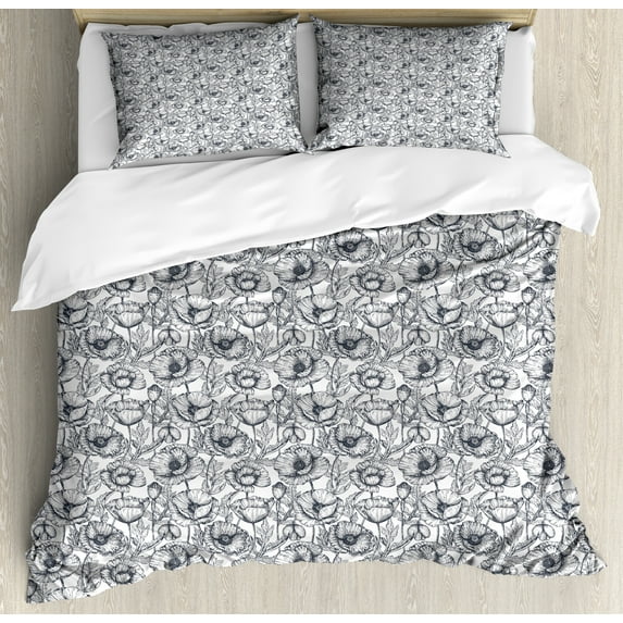 Floral Duvet Cover Set, Vintage Look Poppy Flowers Monochrome Sketch Style on Plain Background, Decorative 3 Piece Bedding Set with 2 Pillow Shams, King Size, Dark Blue Grey and White, by Ambesonne