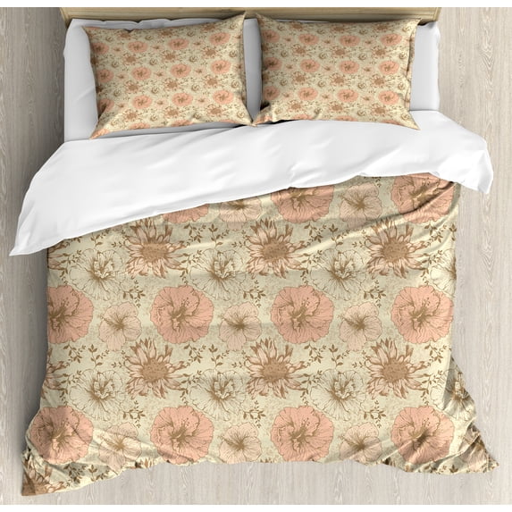 Floral Duvet Cover Set, Vintage Love Retro Colored Exotic Hibiscus Plant Blooming Live Giving Nature, Decorative 3 Piece Bedding Set with 2 Pillow Shams, King Size, Coral Tan Brown, by Ambesonne