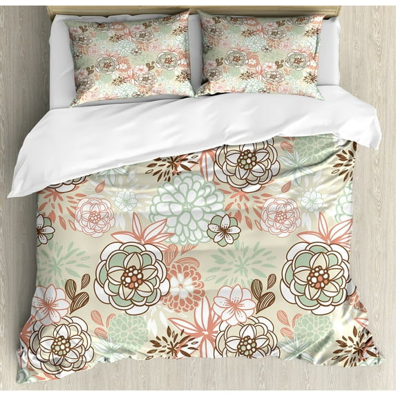 Floral Duvet Cover Set, Vintage Romantic Wildflowers in Various Kinds Doodle Drawing Style Love, Decorative 3 Piece Bedding Set with 2 Pillow Shams, King Size, Pale Green Brown Peach, by Ambesonne